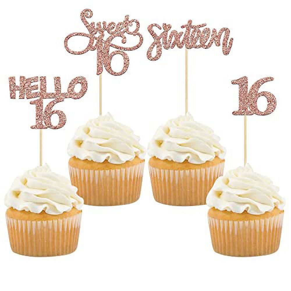 Gyufise 24 Pack 16th Birthday Cupcake Toppers Sweet 16 Cake Toppers Hello 16 Sixteen Cupcake Picks for 16th Birthday Cake Decorations Supplies Rose Gold