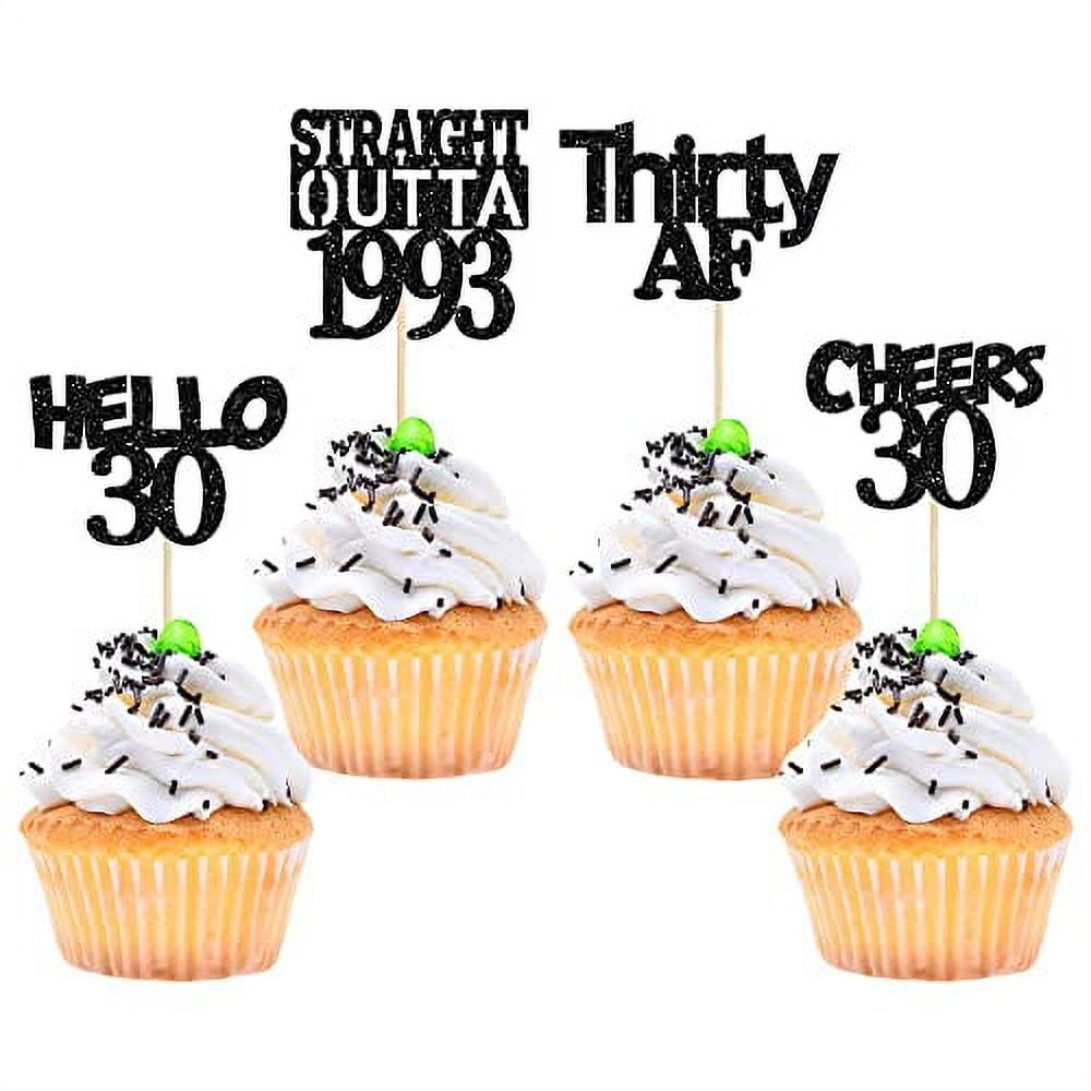 Gyufise 24 Pack Black 30th Birthday Cupcake Toppers Glitter Thirty Hello 30 Straight Outta 1993 Cupcake Picks for Cheers to 30 Birthday Anniversary Party Cake Decorations Supplies