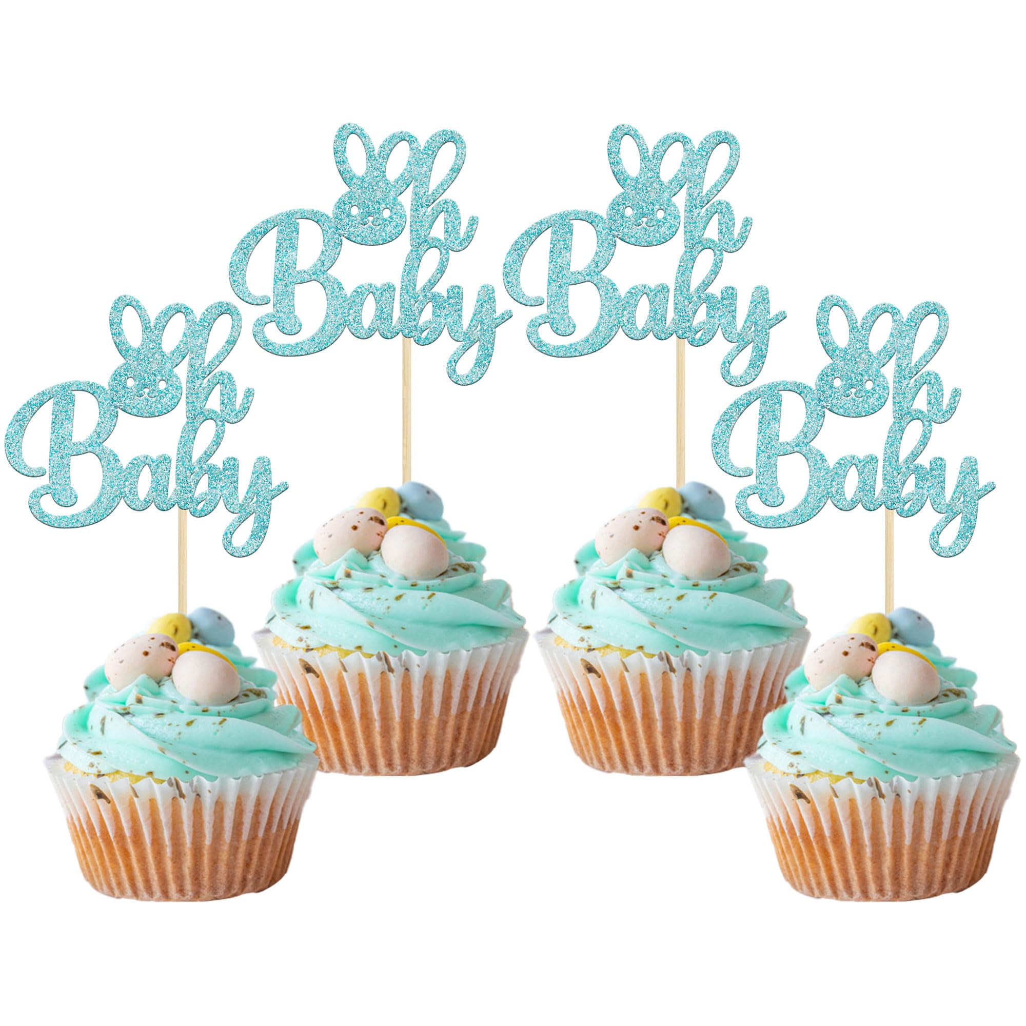 Gyufise 24 Pack Blue Glitter Bunny Oh Baby Cupcake Toppers Happy Easter Rabbit Baby Cake Decoration Picks for Bunny Ear Easter Theme Babyshower Party Decorations