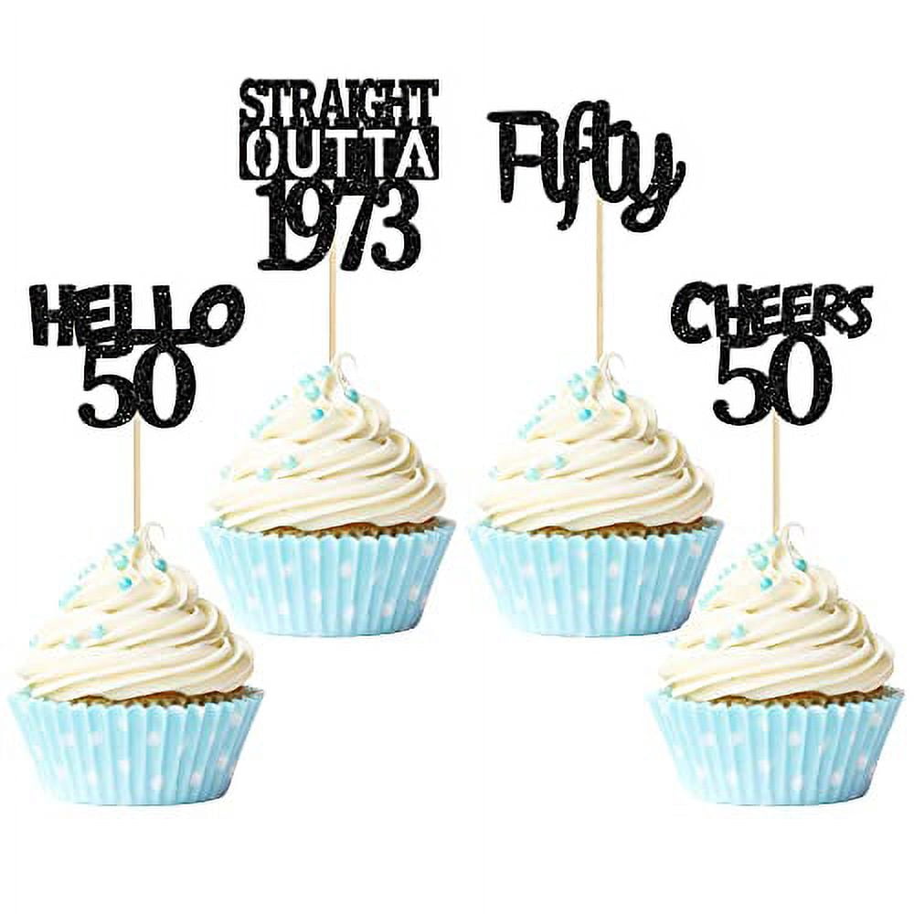 Black & Gold Glitter 'Cheers To 50' Cupcake Toppers - 24 Pack For 50th Birthday & Anniversary Parties