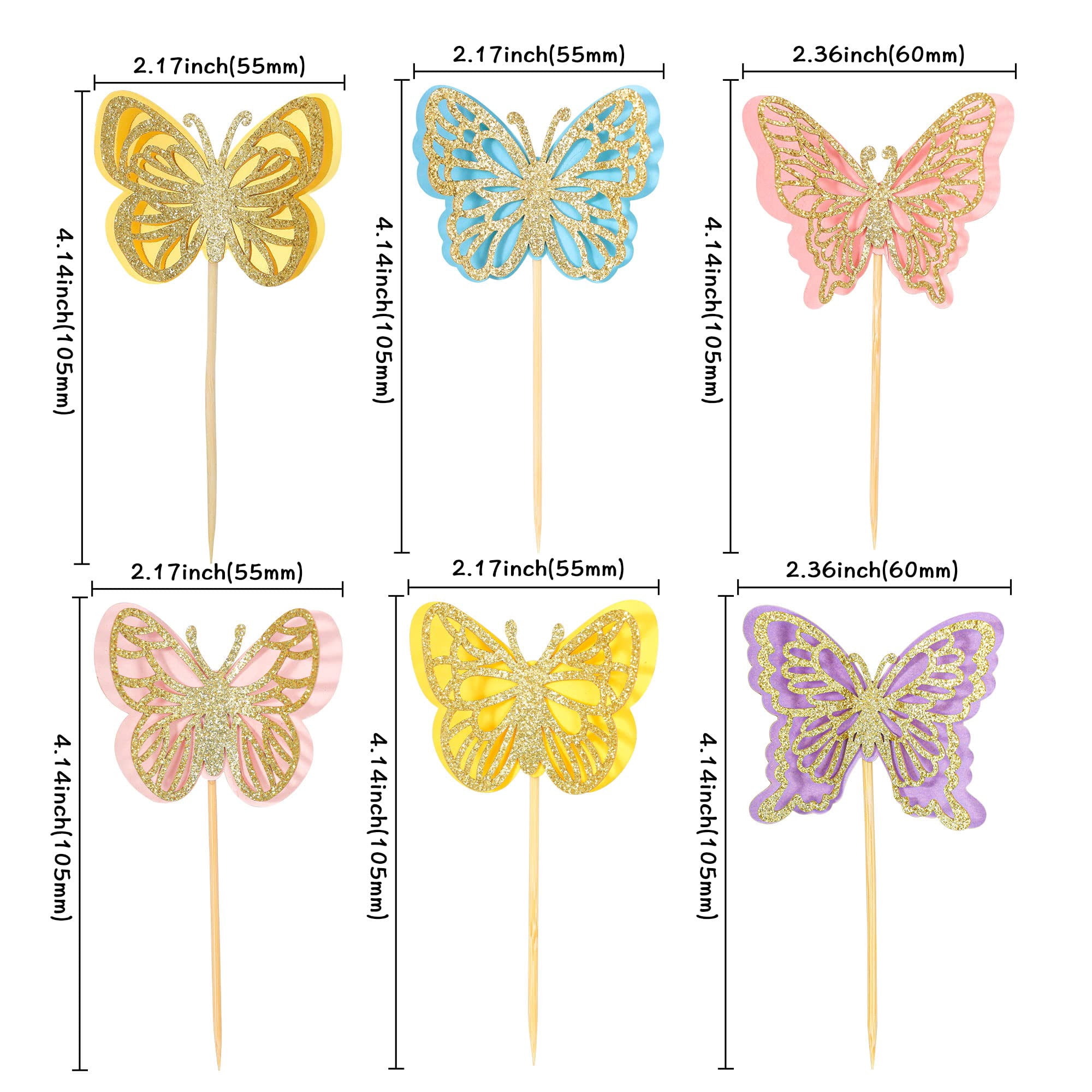 Gyufise 24Pcs 3D AJH3 Butterfly Cupcake Toppers Gold Glitter Double ...