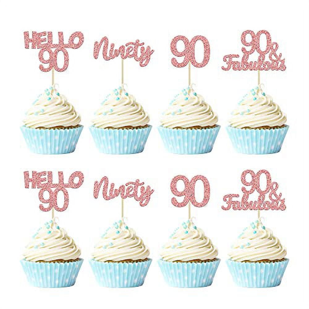 Gyufise 24Pcs 90th Birthday Cupcake Rose Gold 90 and Fabulous Cupcake Picks Happy 90th Ninety Cupcake Topper for 90th Birthday Wedding Anniversary Party Supplies