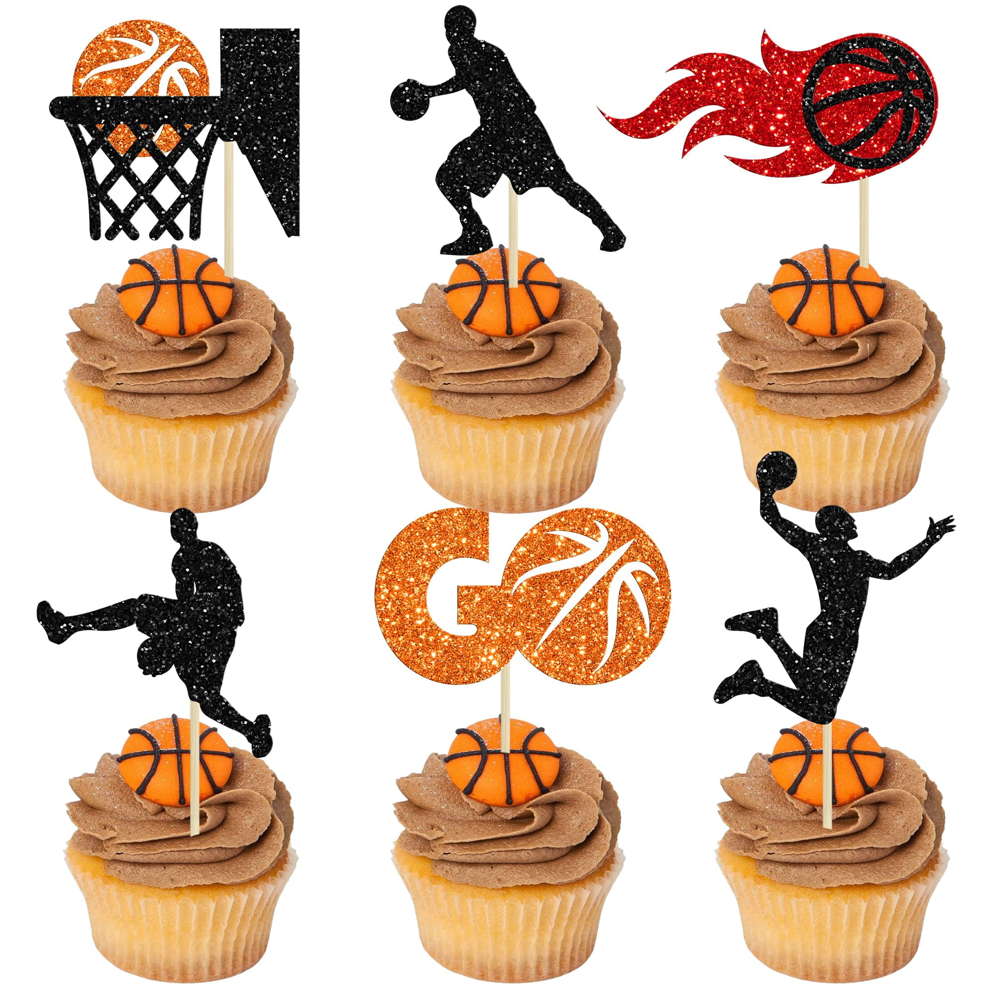 Gyufise 24Pcs Basketball Cake Toppers - Sports Theme Cupcake Picks For Birthday Party Decorations