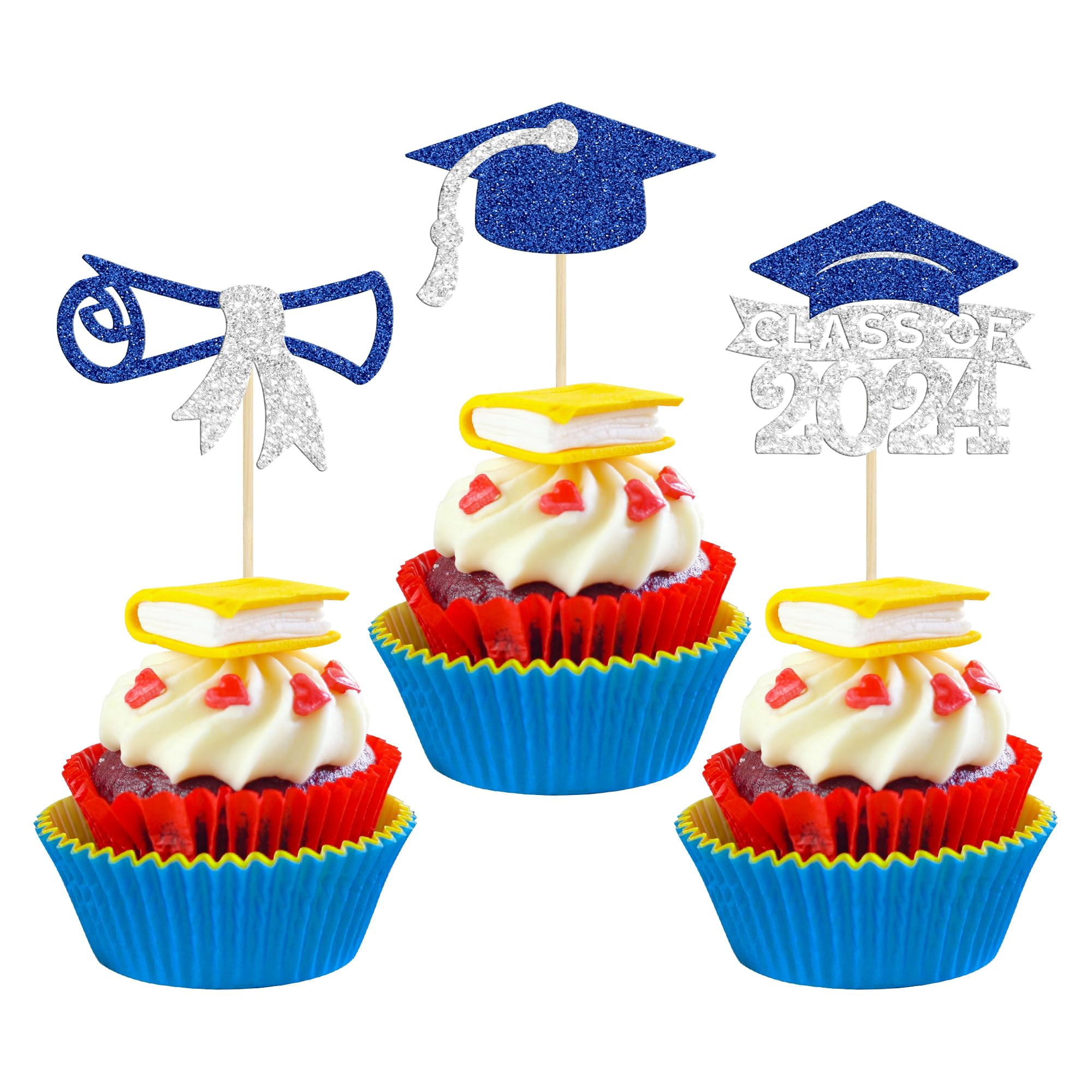 Gyufise 24Pcs Class of 2024 Graduation Cupcake Toppers Glitter Diploma ...