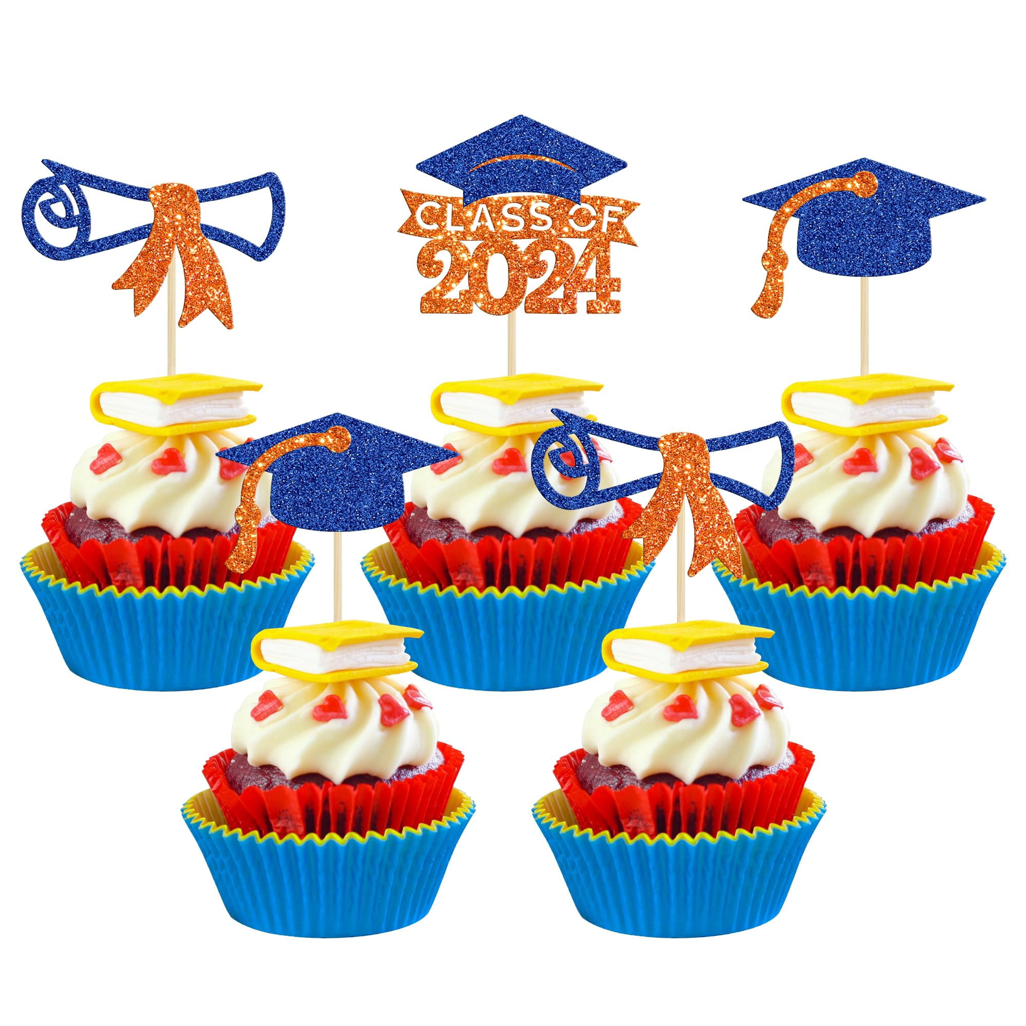 Gyufise 24Pcs Class of 2024 Graduation Cupcake Toppers Glitter Diploma ...