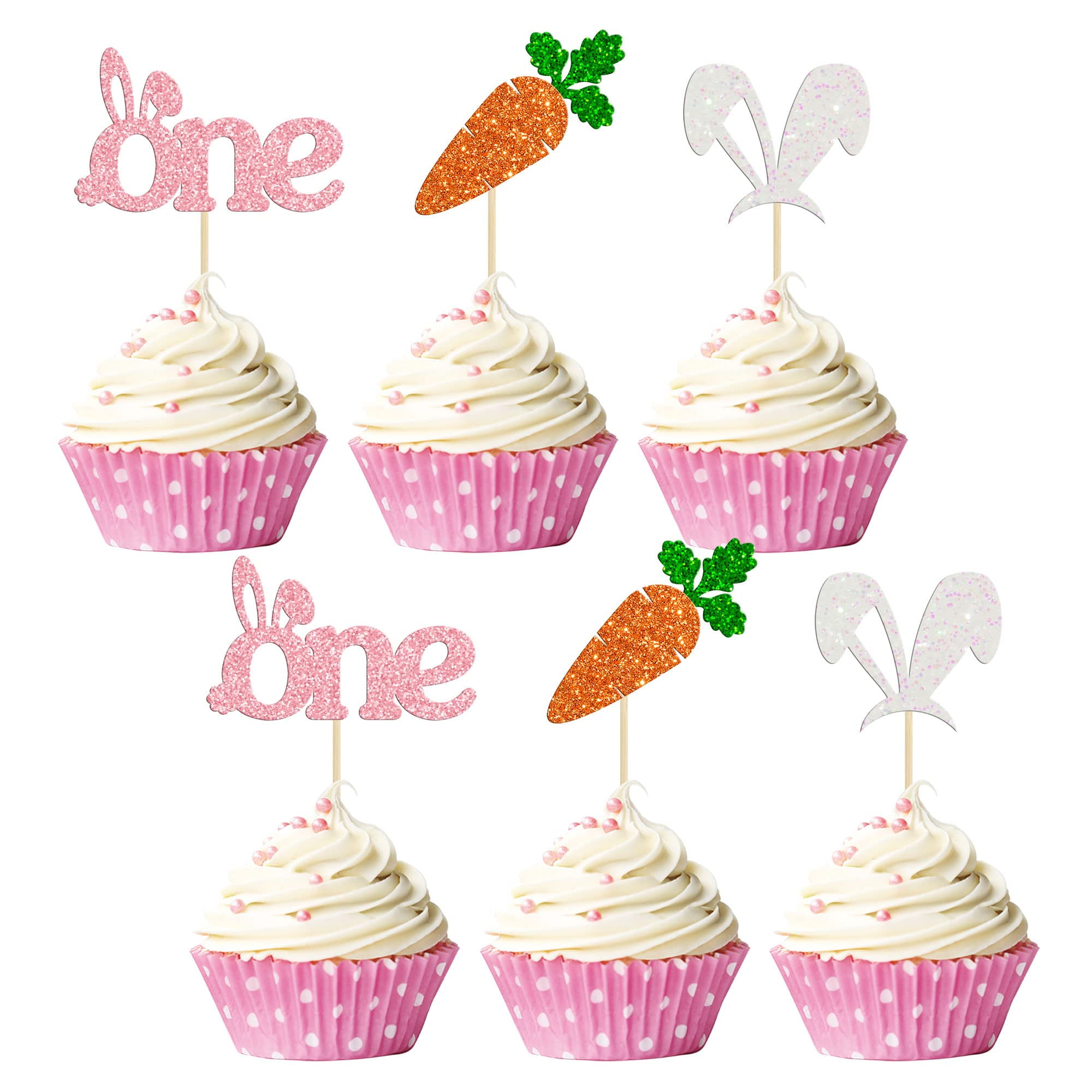 Gyufise 24Pcs Easter First Birthday Cupcake Toppers Pink Glitter Bunny Ear Carrot Easter Cake Toppers Decorations For Bunny Easter Theme Kids 1st Birthday Babyshower Party Decorations