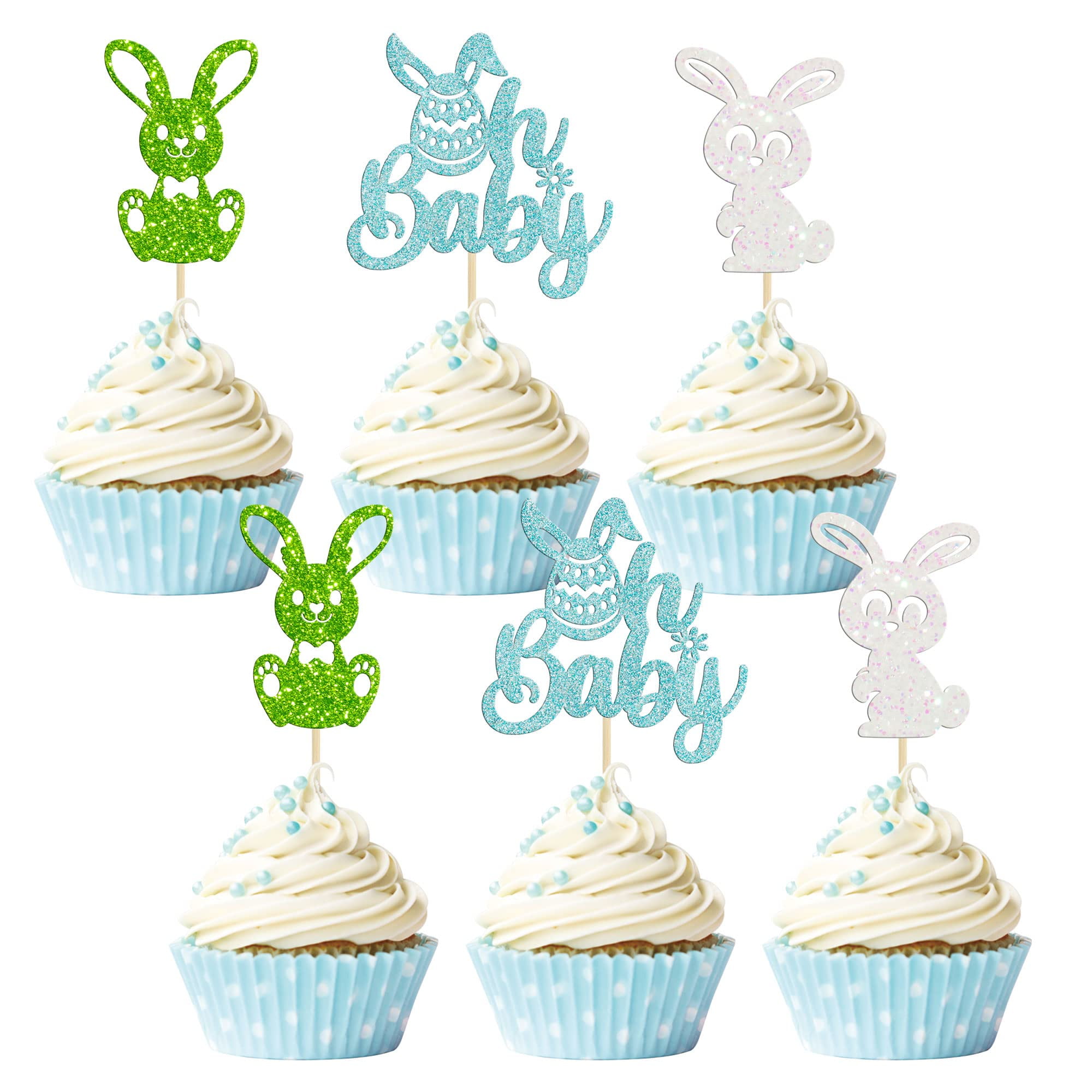Gyufise 24Pcs Easter Oh Baby Cupcake Toppers Blue Glitter Bunny Happy Easter Cupcake Picks For Bunny Easter Theme Kids Birthday Babyshower Party Decorations