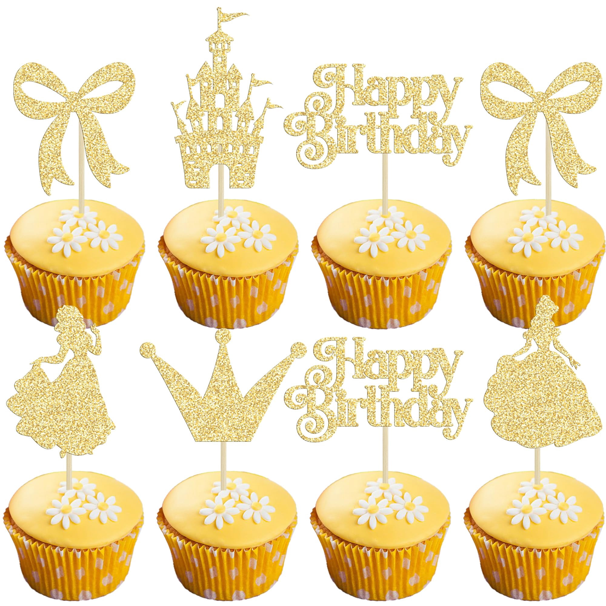 24Pcs Princess Castle Cupcake Toppers - Glitter Birthday Cake Decorations For Princess Party