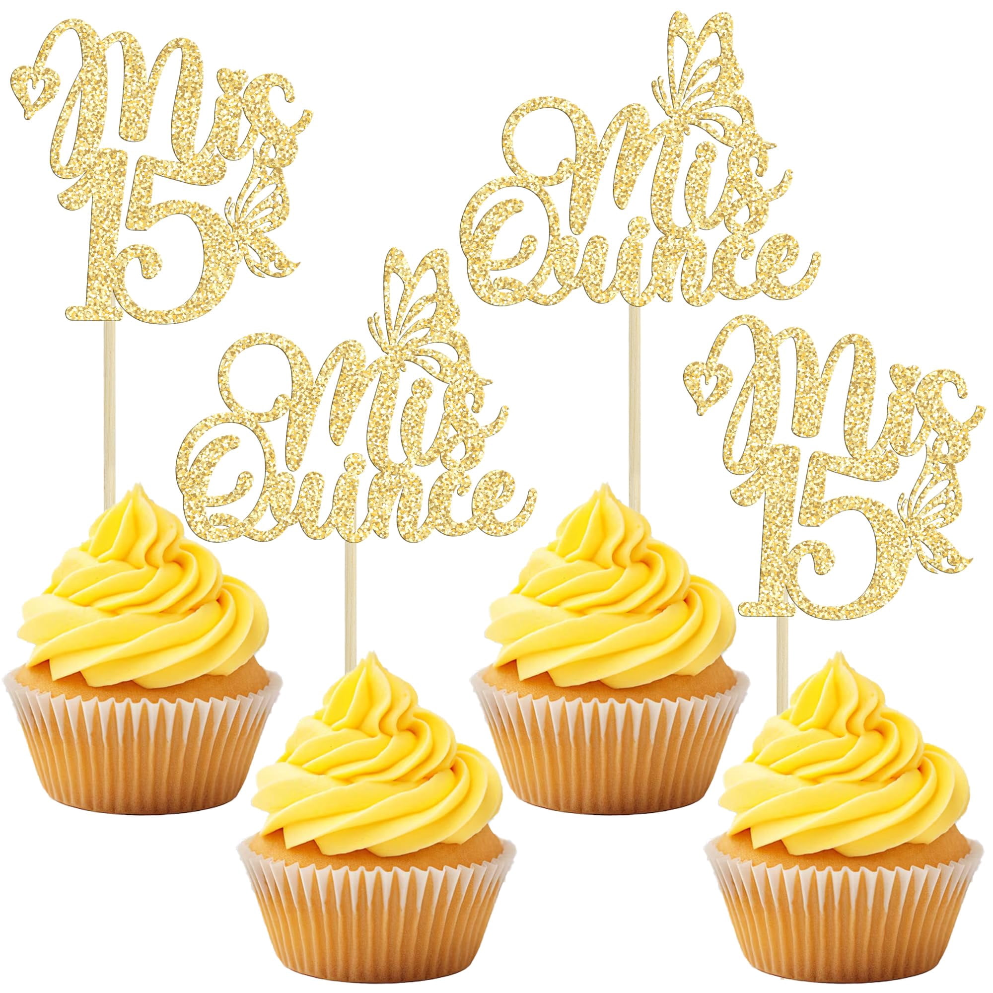 Gyufise Cupcake-Topper Zum 15. Geburtstag – 30 Stück, Glitzernd Schwarz, Inkl. Stäbchen, Nicht Essbar
