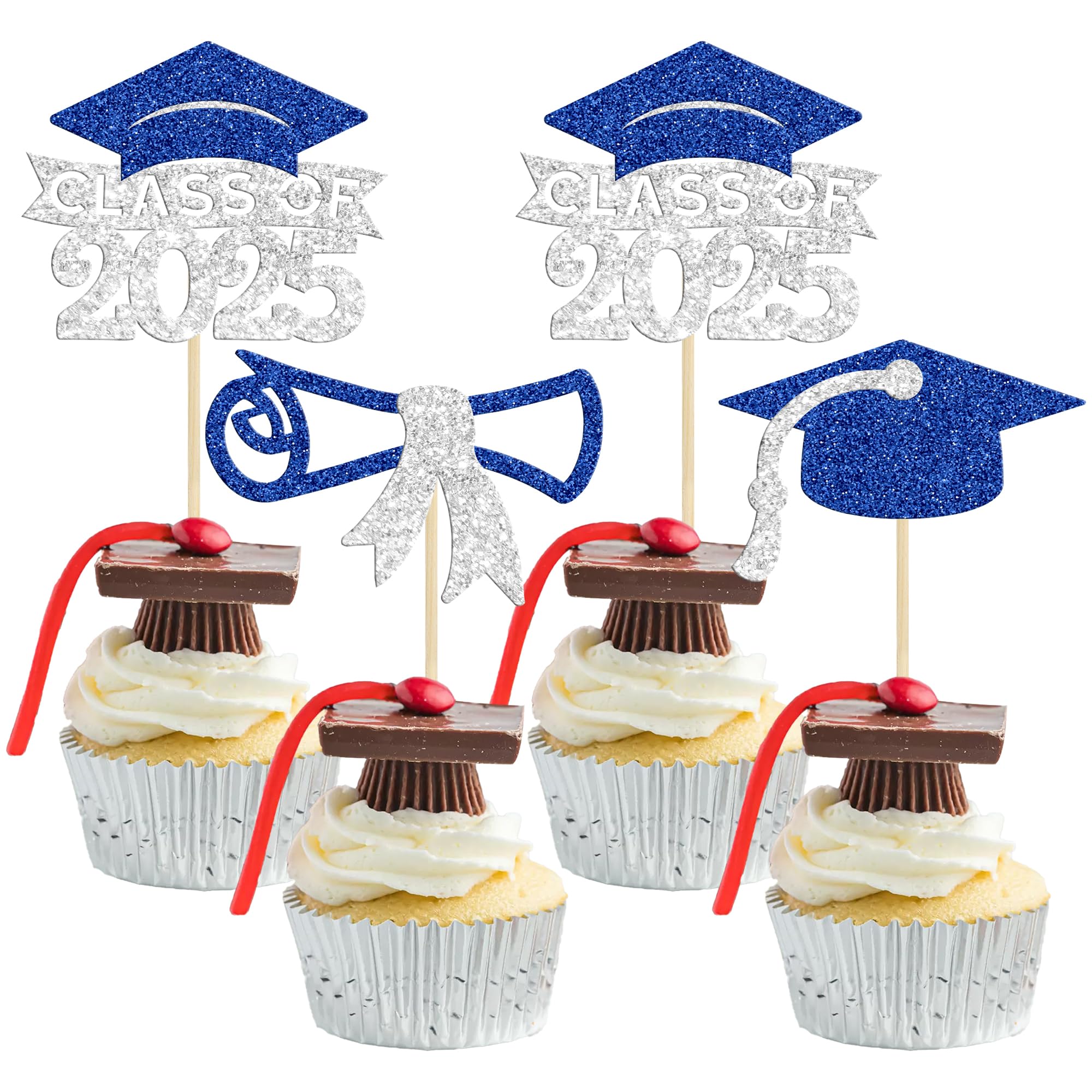 Topper Per Cupcake Laurea 2022 Uomo - 30 Pezzi Glitter Blu Con Diploma E Berretto - Decorazioni Per Torte E Dessert - 2