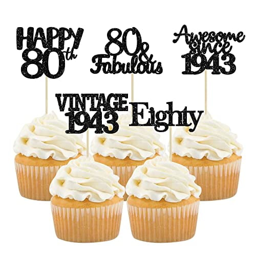 Gyufise 30 Pack Vintage 1943 Cupcake Toppers Glitter Cheers to 80 Fabulous Eighty Cupcake Picks 80th Birthday Wedding Anniversary Party Cake Decorations Supplies Black
