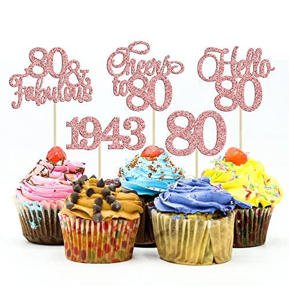 Gyufise 30Pcs 80th Birthday Cupcake Toppers 80 Fabulous Cupcake Picks Cheers to 80 1943 Cake Decorations for Happy 80th Birthday Wedding Anniversary Party Decoration Supplies Rose Gold
