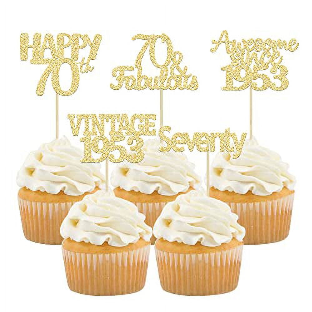 Gyufise 30Pcs Gold Glitter 70th Birthday Cupcake Toppers Vintage 1953 Hello 70 Cake Topper Seventy 70 \u0026 Fabulous Cupcake Picks 70th Birthday Cake Decorations Supplies