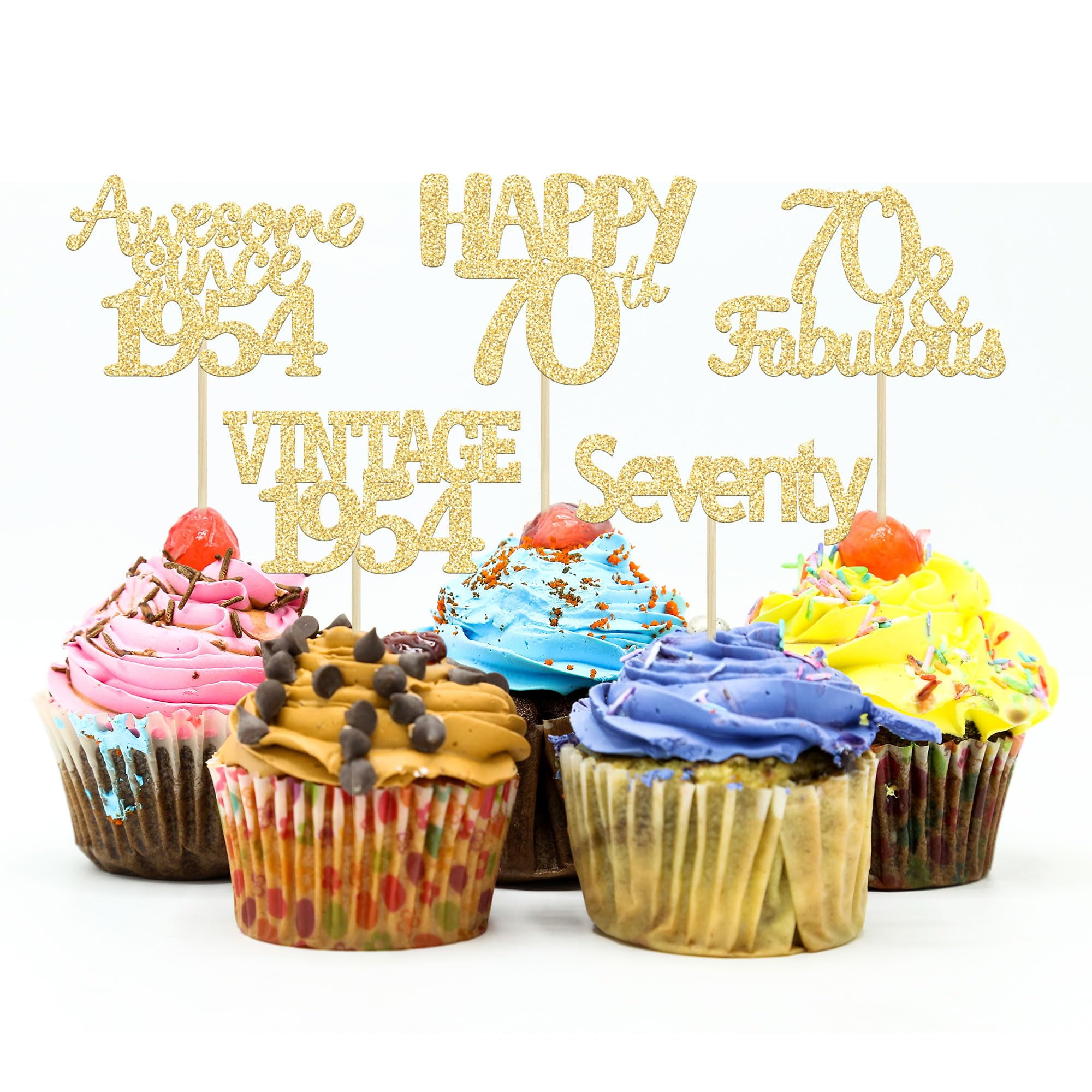 Gyufise 30Pcs Gold Glitter 70th Birthday Cupcake Toppers Vintage 1954 Hello 70 Cake Topper Seventy 70 \u0026 Fabulous Cupcake Picks 70th Birthday Cake Decorations Supplies