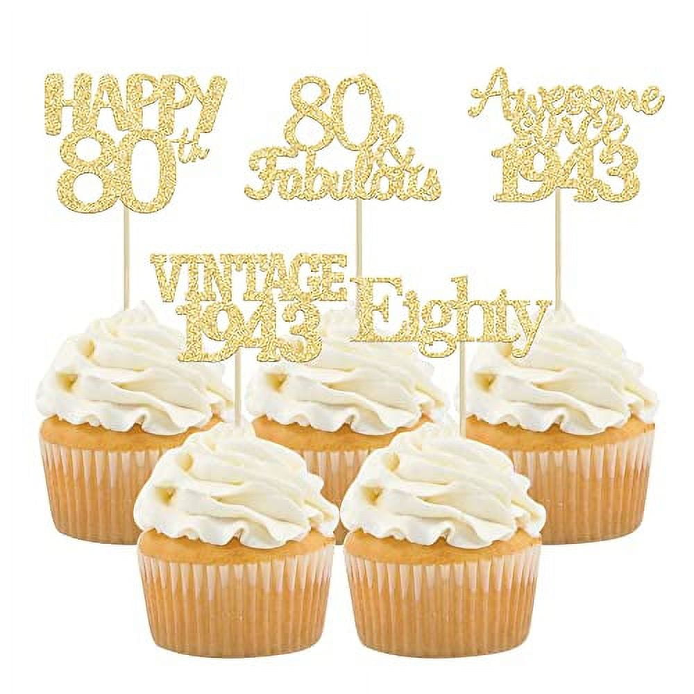 Gyufise 30Pcs Gold Glitter 80th Birthday Cupcake Toppers Vintage 1943 Awesome Since 1943 Hello 80 Cake Topper Seventy 80 \u0026 Fabulous Cupcake Picks 80th Birthday Cake Decorations Supplies