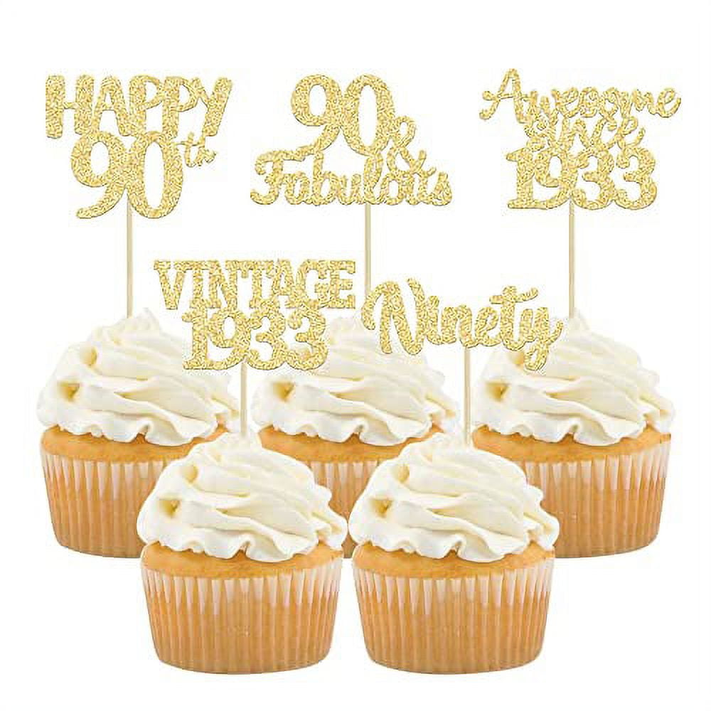 Gyufise 30Pcs Gold Glitter 90th Birthday Cupcake Toppers Vintage 1933 Awesome Since 1933 Hello 90 Cake Topper Seventy 90 \u0026 Fabulous Cupcake Picks 90th Birthday Cake Decorations Supplies