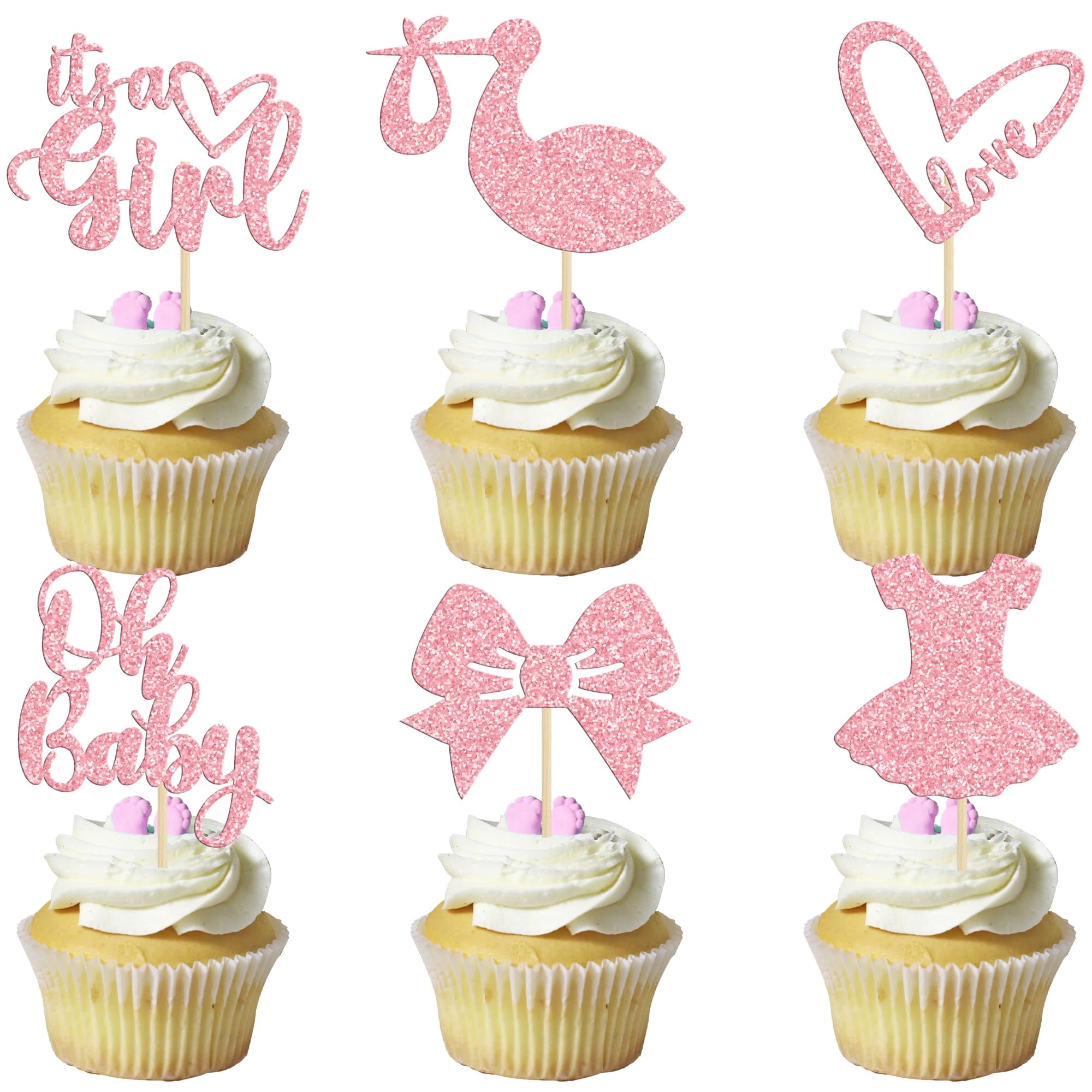 Gyufise 36 Stück „Oh Baby It's A Girl“ Cupcake-Topper – Mit Schleife, Herz & Glitzer, Für Baby-Shower