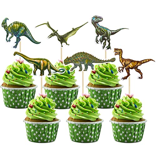 24 Stück Dinosaurier Cupcake Topper – Grün Glitzernd, 3er Rex Motive, Für 3. Geburtstag & Dino-Party