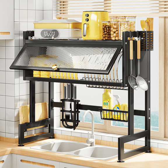 Gyugmhao Over The Sink Dish Drying Rack with Cover,29.52 inch 3 Tier Metal Steel Dish Drying Racks for Kitchen Counter with Hooks Paper Towel Utensil Cup Holder Sink Caddy, Black