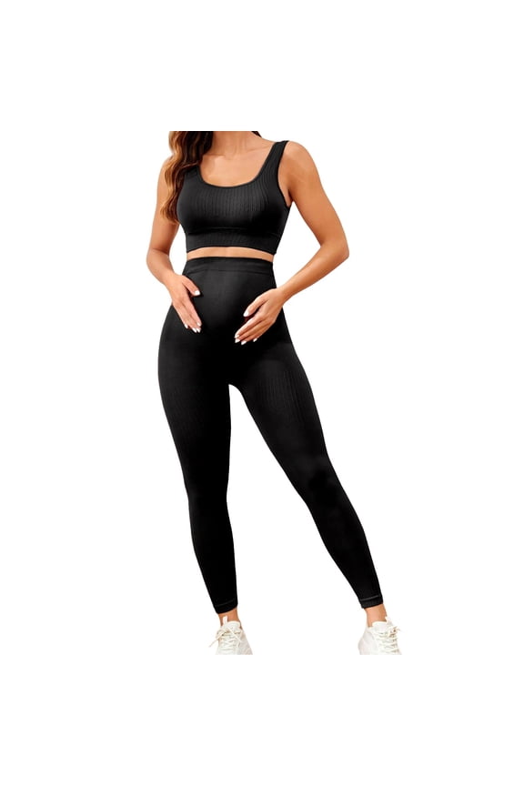 Gyujnb 2 Piece Maternity Yoga Outfit Ribbed Tank Top High Waist Stretch Leggings Seamless Workout Loungewear Set For Pregnant Women,S