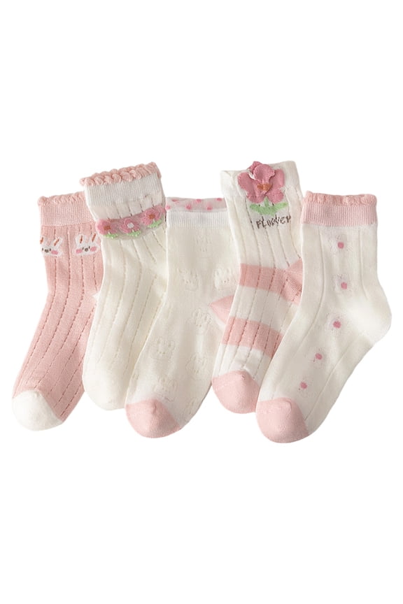 Gyujnb 5-Packs Girls Strawberry Print Mesh Socks Breathable Kids Ankle Socks for Summer Toddler to Youth Daily Wear