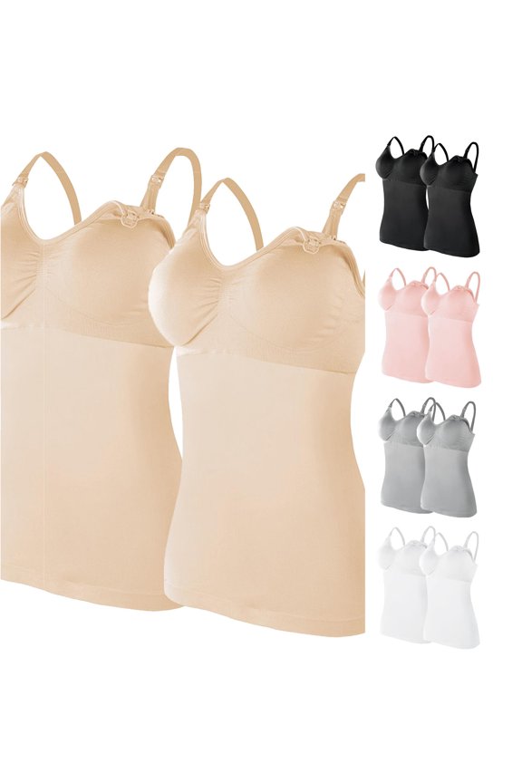 Gyujnb Adjustable Clip Down Maternity Nursing Camisole Tank Top 2 Pack Multi Solid Soft Seamless Stretch Built In Support Bra Bust Ruched Layering Cami Comes with Pads,S