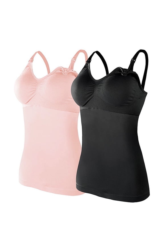 Gyujnb Adjustable Clip Down Maternity Nursing Camisole Tank Top 2 Pack Multi Solid Soft Seamless Stretch Built In Support Bra Bust Ruched Layering Cami Comes with Pads,S