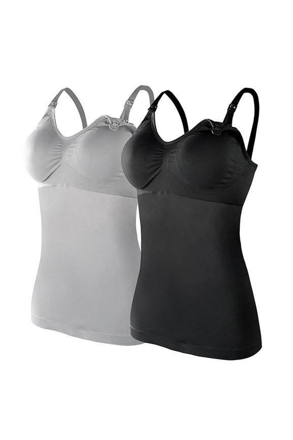 Gyujnb Adjustable Clip Down Maternity Nursing Camisole Tank Top 2 Pack Multi Solid Soft Seamless Stretch Built In Support Bra Bust Ruched Layering Cami Comes with Pads,S