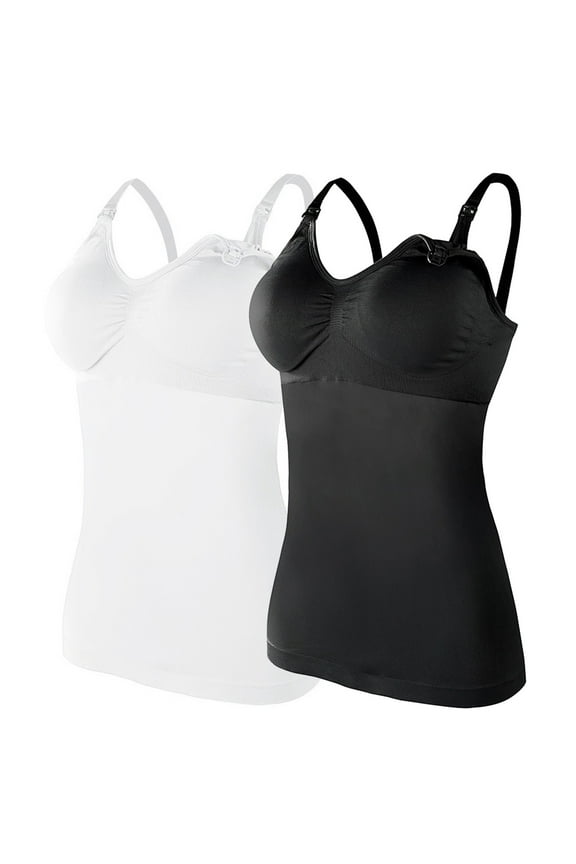 Gyujnb Adjustable Clip Down Maternity Nursing Camisole Tank Top 2 Pack Multi Solid Soft Seamless Stretch Built In Support Bra Bust Ruched Layering Cami Comes with Pads,XL