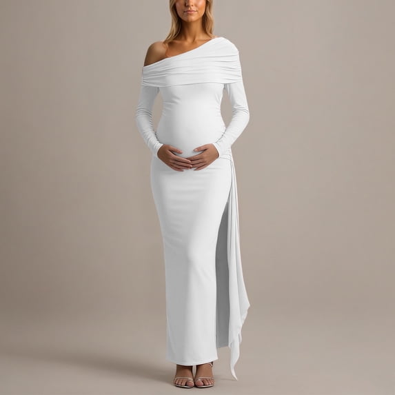 Gyujnb Asymmetrical Draped Off Shoulder Maternity Maxi Dress Long Sleeve Multi Layer Side Ruched Waist Long Floating Sash Soft Stretch Elegant Gown for Maternity Photoshoot,L