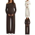 thumbnail image 1 of Gyujnb Asymmetrical Neck Long Sleeve Nursing Maternity Set Solid Soft Knit Full Over Belly Straight Wide Leg Pants 2 Piece Matching Outfit Postpartum Daily Pregnancy Loungewear,S, 1 of 9