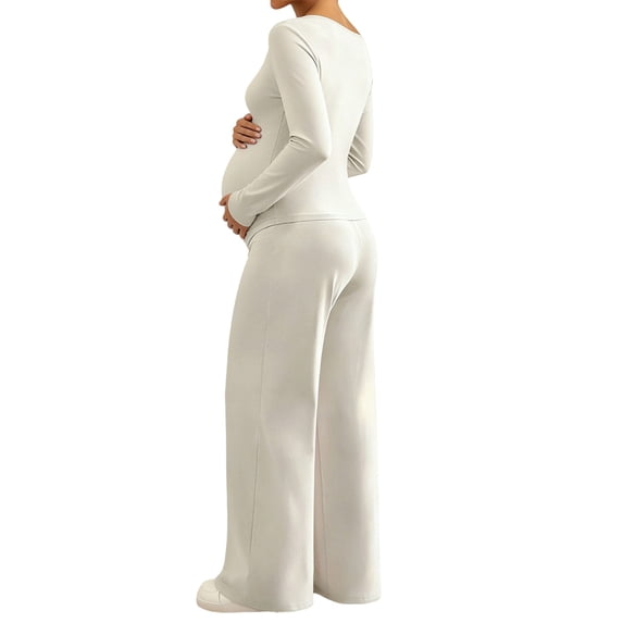Gyujnb Asymmetrical Neck Long Sleeve Nursing Maternity Set Solid Soft Knit Full Over Belly Straight Wide Leg Pants 2 Piece Matching Outfit Postpartum Daily Pregnancy Loungewear,XL