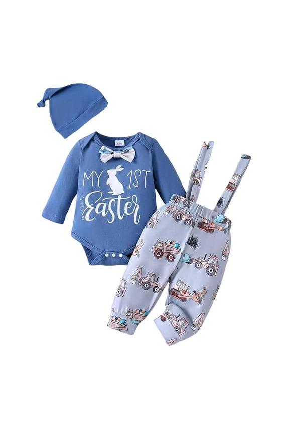 Baby Boy My First Easter 3-Piece Outfit Set - Long Sleeve Bunny Print Romper, Suspender Pants with Truck & Egg Print, Knit Hat & Bow Tie for Spring Holiday,12-18 Months