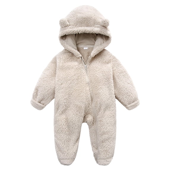 Gyujnb Baby Hooded Romper, Cute Solid Color Jumpsuit with Cartoon Ears and Footies, Warm Long Sleeve Outfit for Kids,Size:6-9 Months