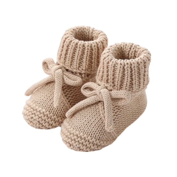 Gyujnb Baby Knit Booties with Bow Tie, Soft Newborn Anti-slip Sock Shoes, Infant Warm Crib Shoes,Khaki,Size:0-6 Months
