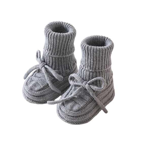Gyujnb Baby Thick Knit Booties, Solid Color Lace-up Infant Sock Shoes, Soft Warm Newborn Crib Shoes,Grey,Size:0-12 Months