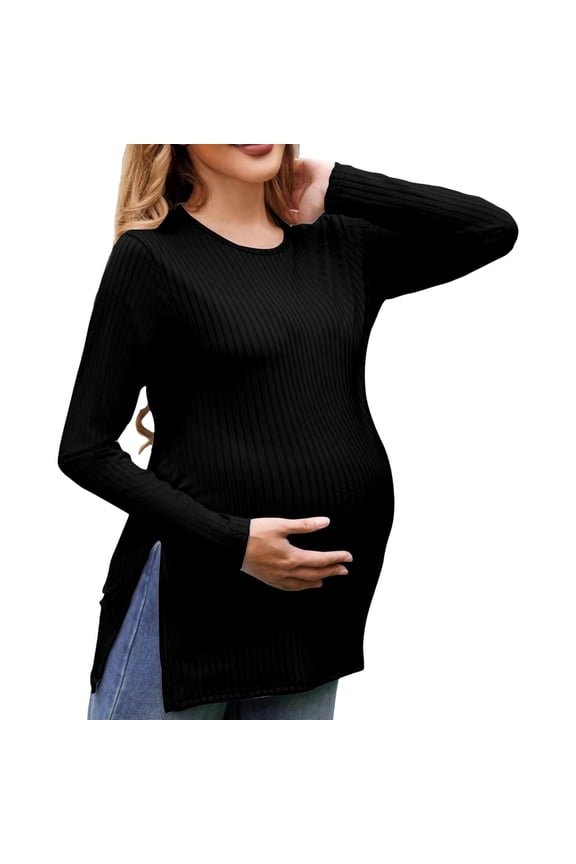 Gyujnb Basic Crew Neck Long Sleeve Maternity Long Tunic Top Vertical Ribbed Stretch Knit Dual Side High Split Hem Bump Hugging Relaxed Cut Soft Layering Blouse,XL