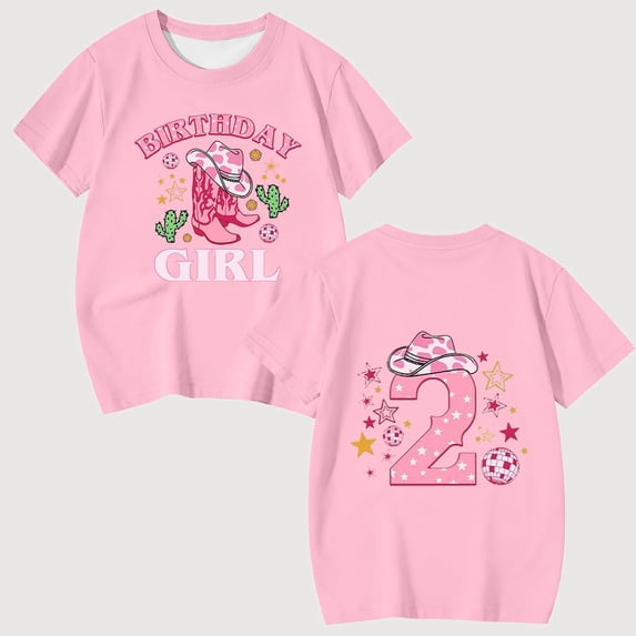 Gyujnb Birthday Girl Cowboy Print Short Sleeve Crew Neck T Shirt Casual Kids Tee (Little Girls, Big Girls),8-9 Years
