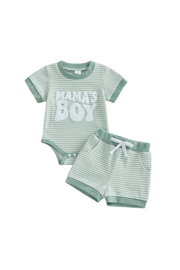 Gyujnb Boys 2 Piece Striped Waffle Knit "Mama's Boy" Romper and Drawstring Shorts Outfit Set,6-9 Months