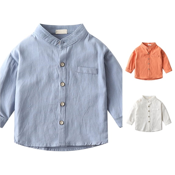 Gyujnb Boys Stand Collar Long Sleeve Shirt, Solid Button Down Casual Blouse Top,Blue
