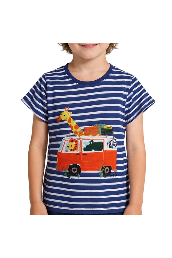 Gyujnb Boys Striped Short Sleeve Tee with Van Animal Embroidery Soft Casual Crewneck Top for Kids,2-3 Years