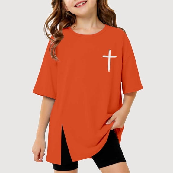 Gyujnb Brush Print Side Slit Short Sleeve T Shirt Casual Round Neck Loose Tee (Girls),11-12 Years