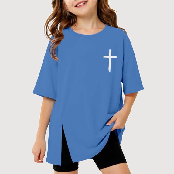 Gyujnb Brush Print Side Slit Short Sleeve T Shirt Casual Round Neck Loose Tee (Girls),15-16 Years