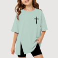 thumbnail image 1 of Gyujnb Brush Print Side Slit Short Sleeve T Shirt Casual Round Neck Loose Tee (Girls),4-5 Years, 1 of 3