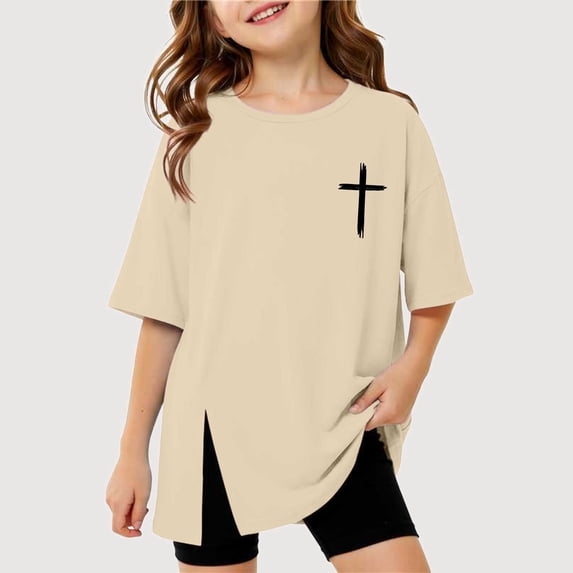 Gyujnb Brush Print Side Slit Short Sleeve T Shirt Casual Round Neck Loose Tee (Girls),8-9 Years