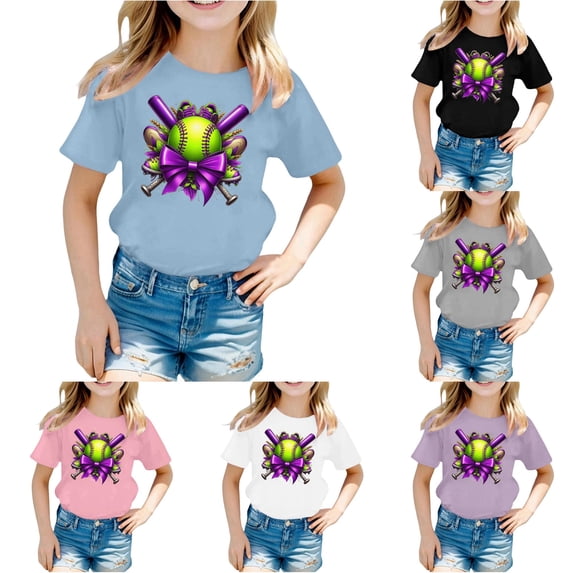 Gyujnb Casual Baseball Graphic Print Crew Neck Short Sleeve Summer Daily Tee (Little Girls, Big Girls),4-5 Years
