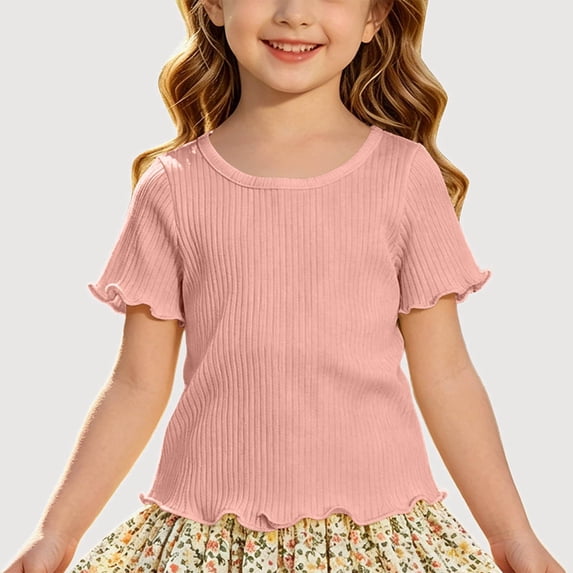 Gyujnb Casual Ribbed Knit Round Neck Short Sleeved Ruffle T Shirt Top (Girls),12-18 Months