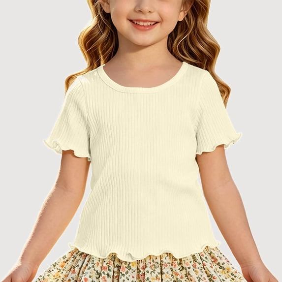Gyujnb Casual Ribbed Knit Round Neck Short Sleeved Ruffle T Shirt Top (Girls),12-18 Months