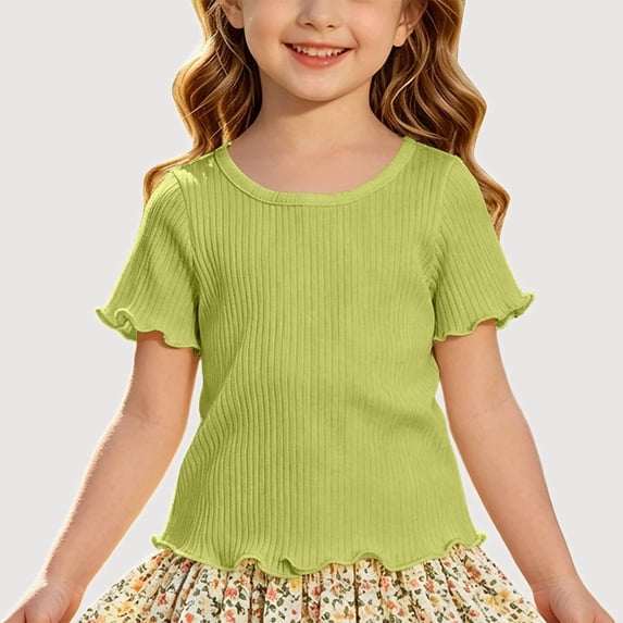 Gyujnb Casual Ribbed Knit Round Neck Short Sleeved Ruffle T Shirt Top (Girls),3-4 Years