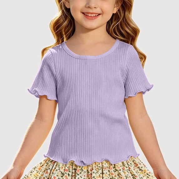 Gyujnb Casual Ribbed Knit Round Neck Short Sleeved Ruffle T Shirt Top (Girls),4-5 Years